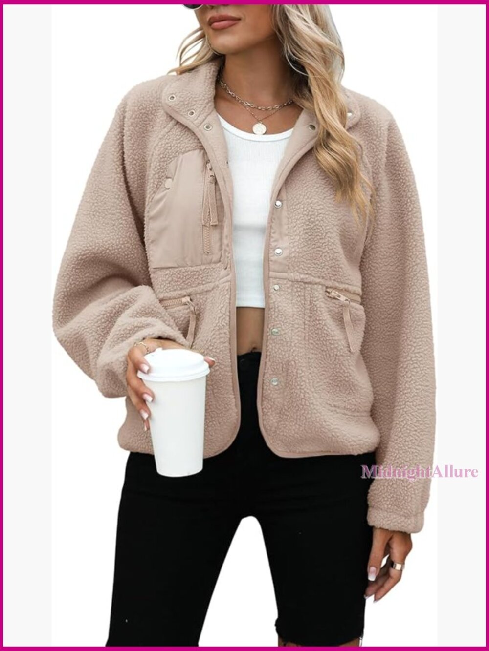 Fleece Sherpa Jacket Women's Button Down Cropped Fuzzy Winter Coat with Pockets
